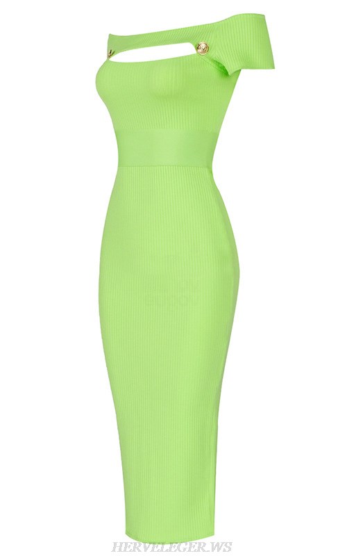 Herve Leger Green Short Sleeve Bardot Ribbed Dress