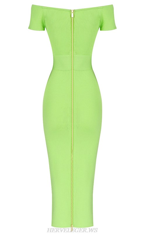 Herve Leger Green Short Sleeve Bardot Ribbed Dress