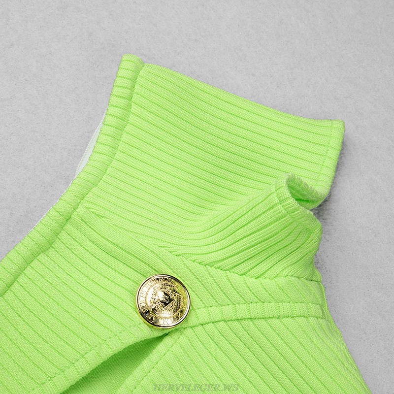 Herve Leger Green Short Sleeve Bardot Ribbed Dress