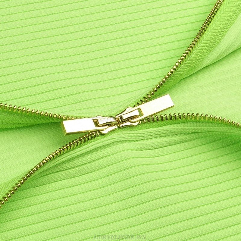 Herve Leger Green Short Sleeve Bardot Ribbed Dress