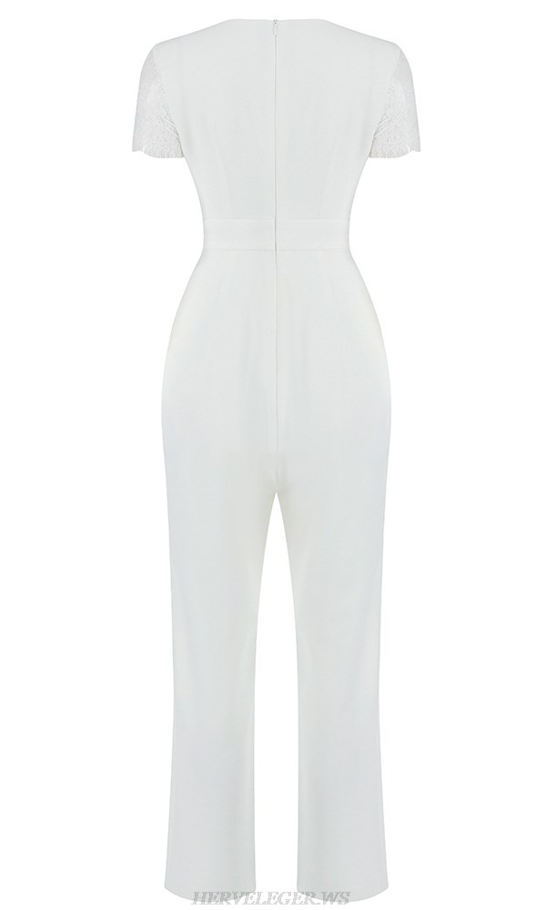 Herve Leger White Short Sleeve Lace Insert Jumpsuit