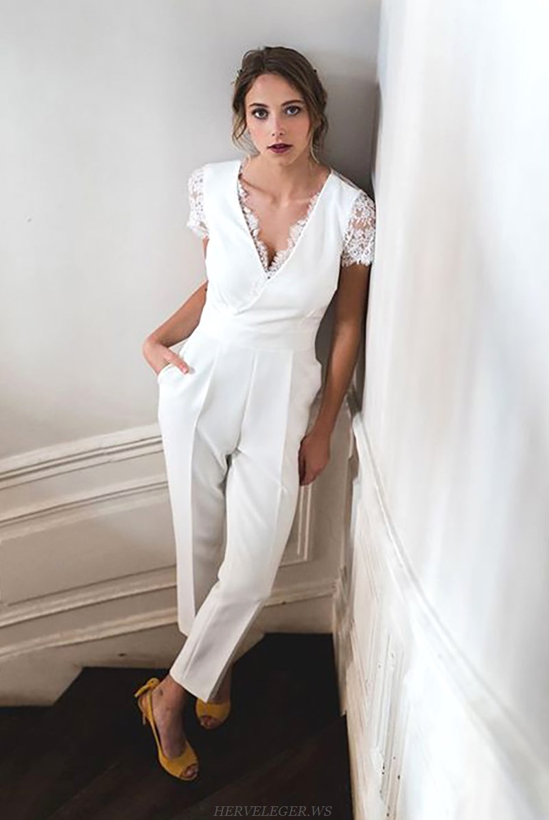 Herve Leger White Short Sleeve Lace Insert Jumpsuit