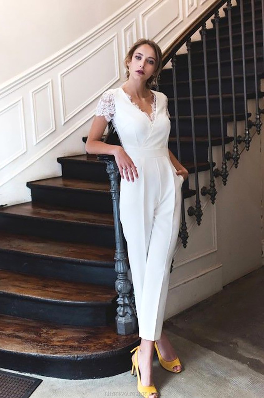 Herve Leger White Short Sleeve Lace Insert Jumpsuit