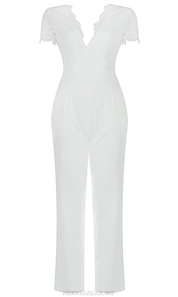 Herve Leger White Short Sleeve Lace Insert Jumpsuit