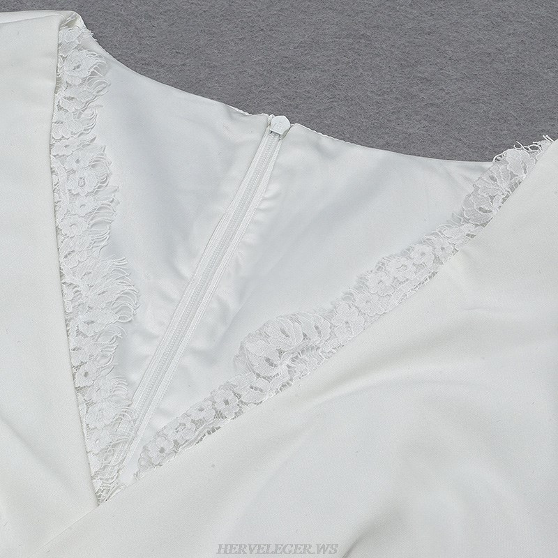 Herve Leger White Short Sleeve Lace Insert Jumpsuit