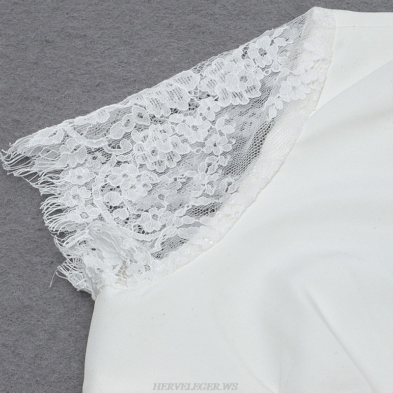 Herve Leger White Short Sleeve Lace Insert Jumpsuit