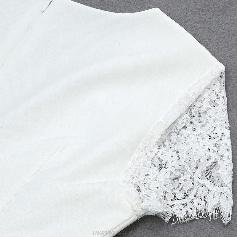 Herve Leger White Short Sleeve Lace Insert Jumpsuit