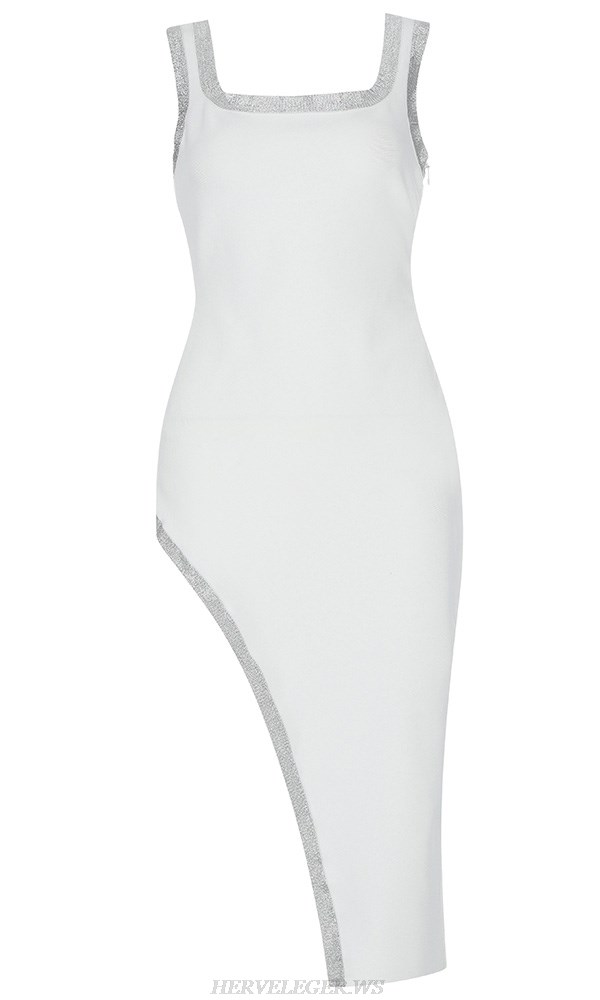 Herve Leger White Silver Trim Slit Dress