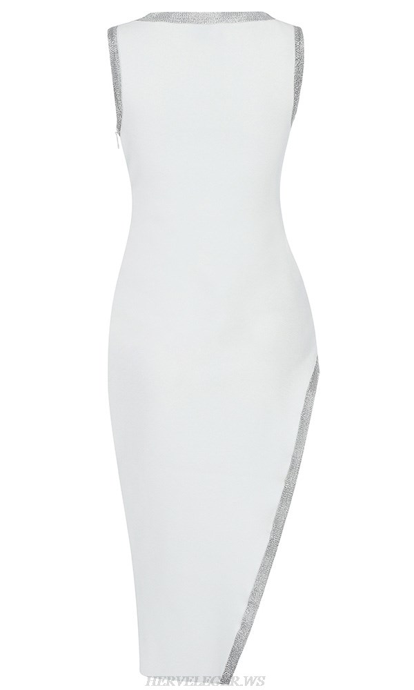 Herve Leger White Silver Trim Slit Dress