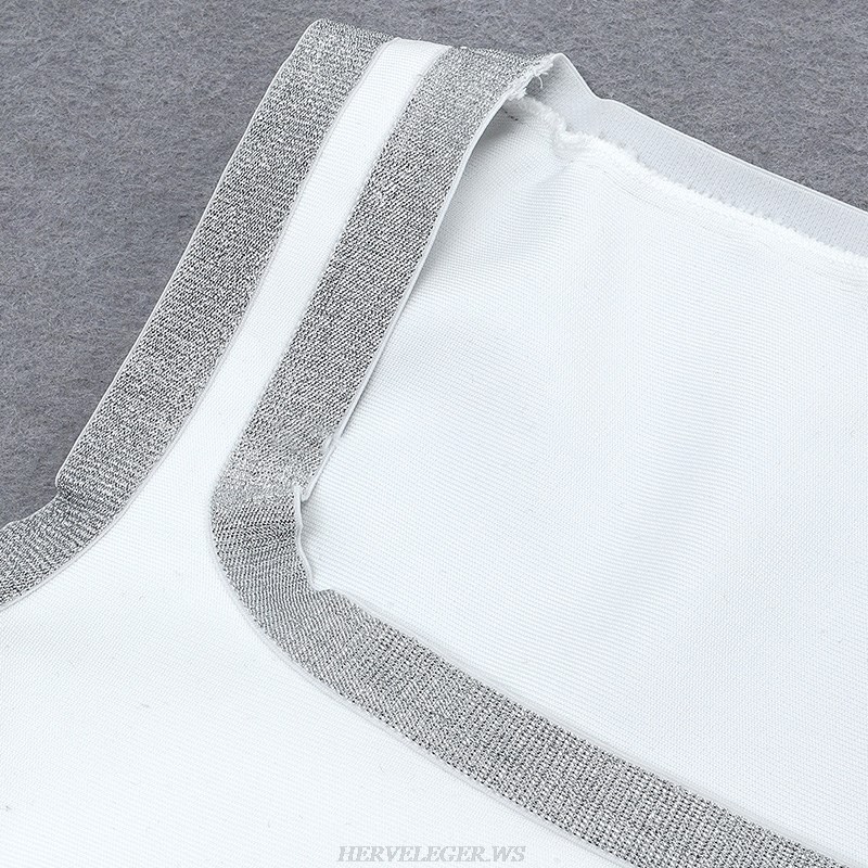 Herve Leger White Silver Trim Slit Dress
