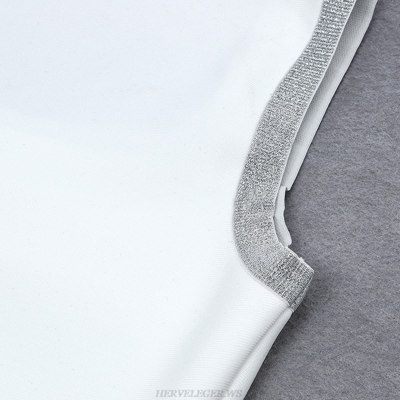 Herve Leger White Silver Trim Slit Dress