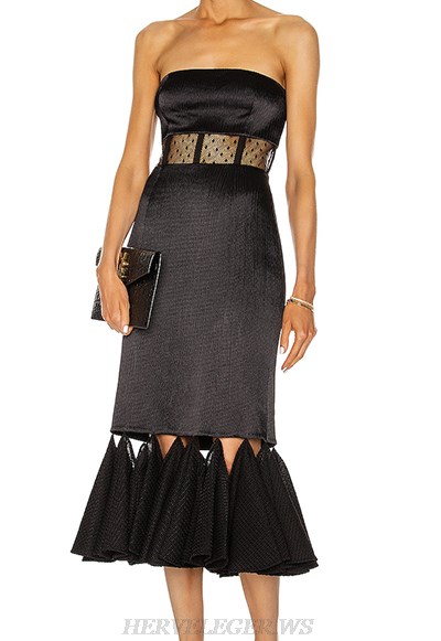 Herve Leger Black Strapless Fluted Mesh Dress