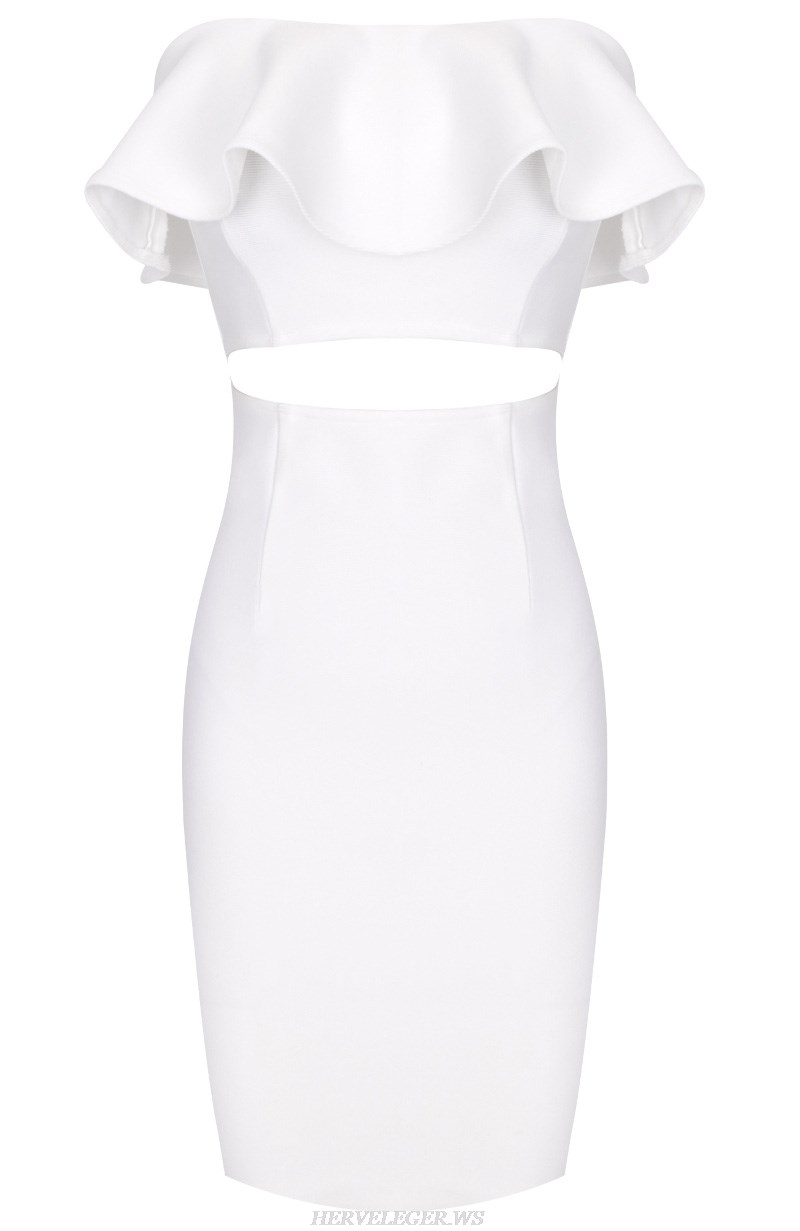 Herve Leger White Strapless Frill Dress
