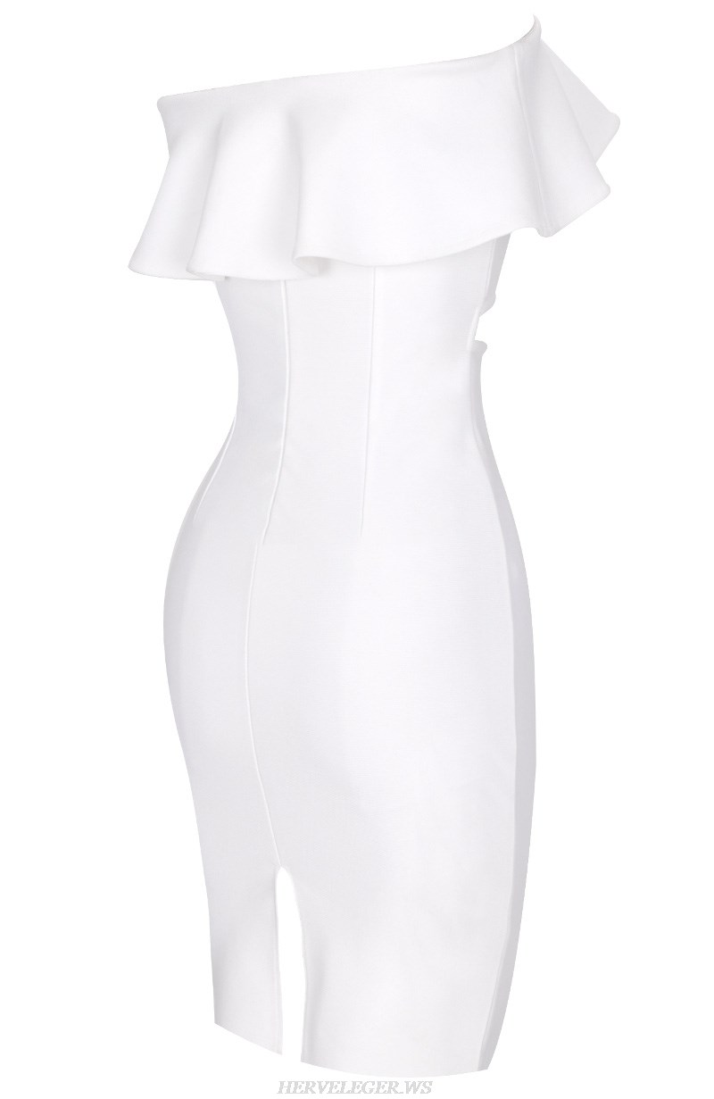 Herve Leger White Strapless Frill Dress