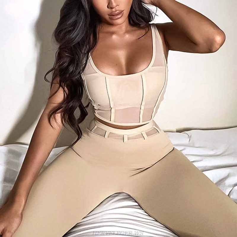 Herve Leger Nude Structured Mesh Two Piece Jumpsuit
