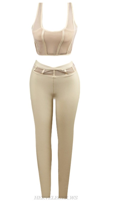 Herve Leger Nude Structured Mesh Two Piece Jumpsuit