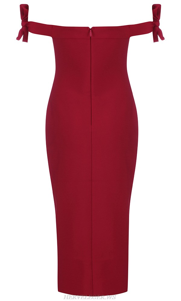 Herve Leger Red Tie Bardot Dress