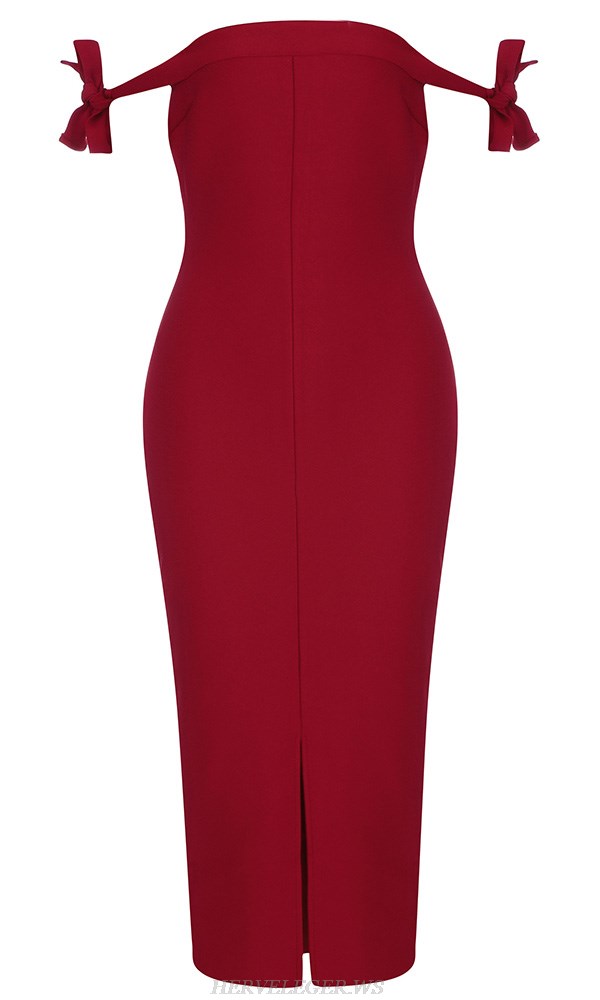 Herve Leger Red Tie Bardot Dress