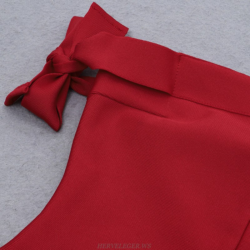 Herve Leger Red Tie Bardot Dress