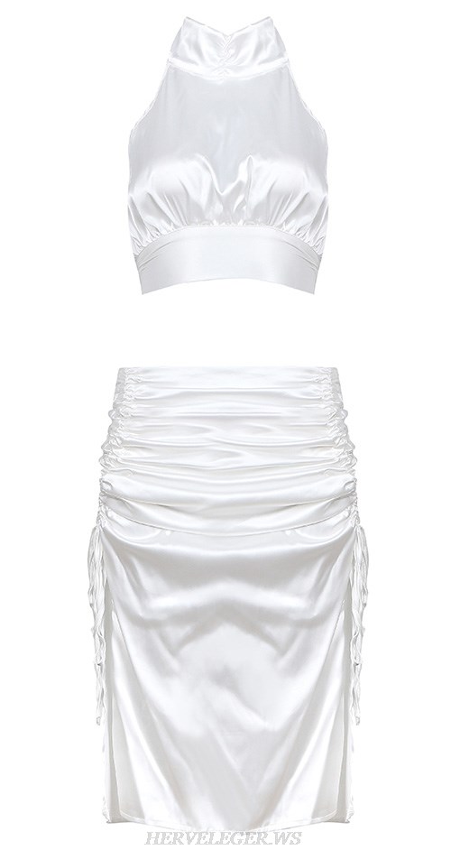 Herve Leger White Two Piece Ruched Satin Dress