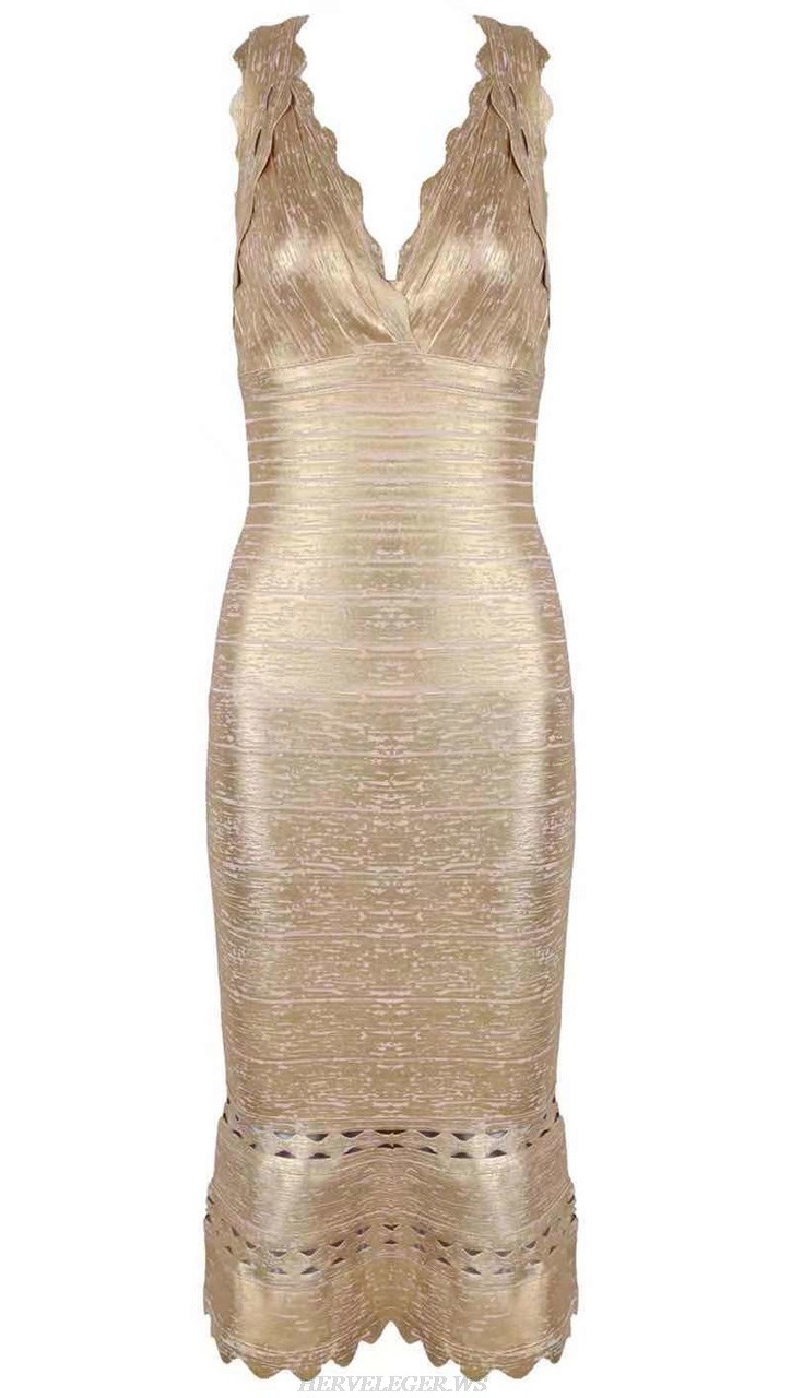 Herve Leger Gold Woodgrain Foil Print Fluted Dress