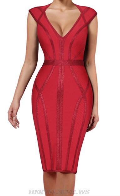 Herve Leger Red Cap Sleeve Structured Dress
