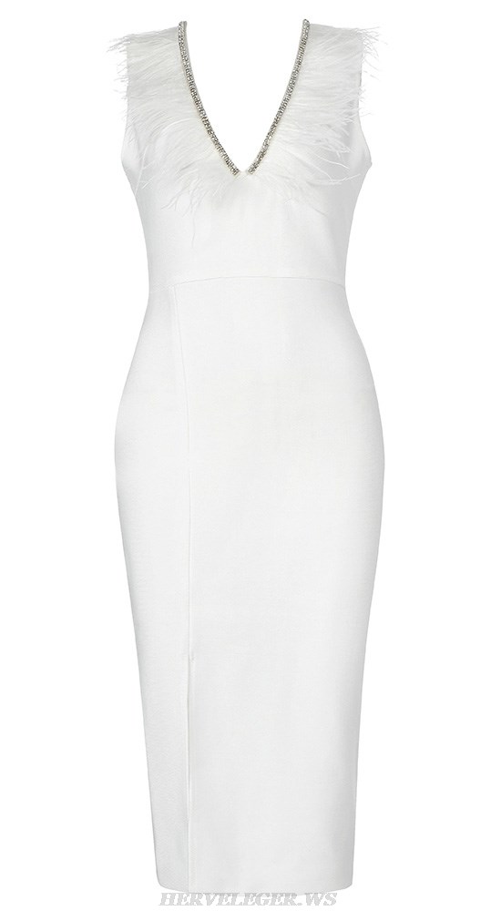 Herve Leger White Feather Embellished Dress