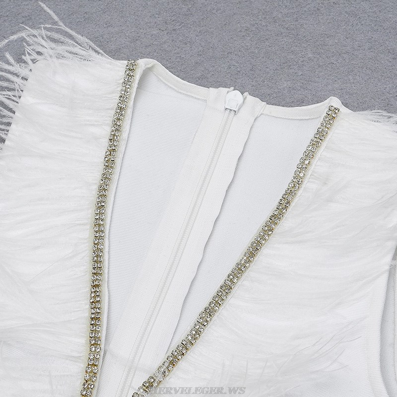 Herve Leger White Feather Embellished Dress