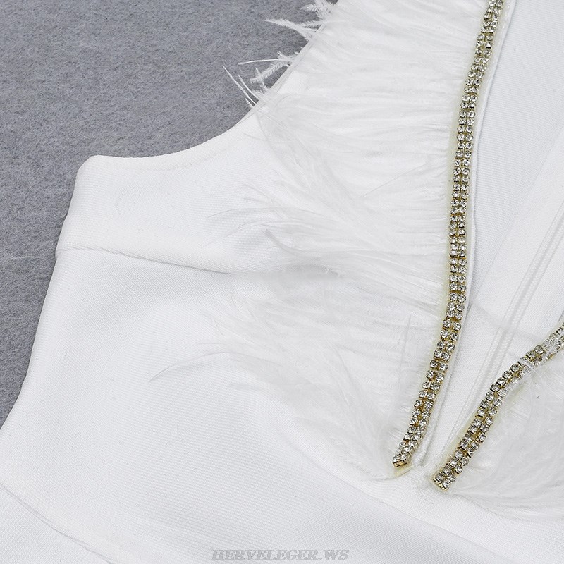 Herve Leger White Feather Embellished Dress