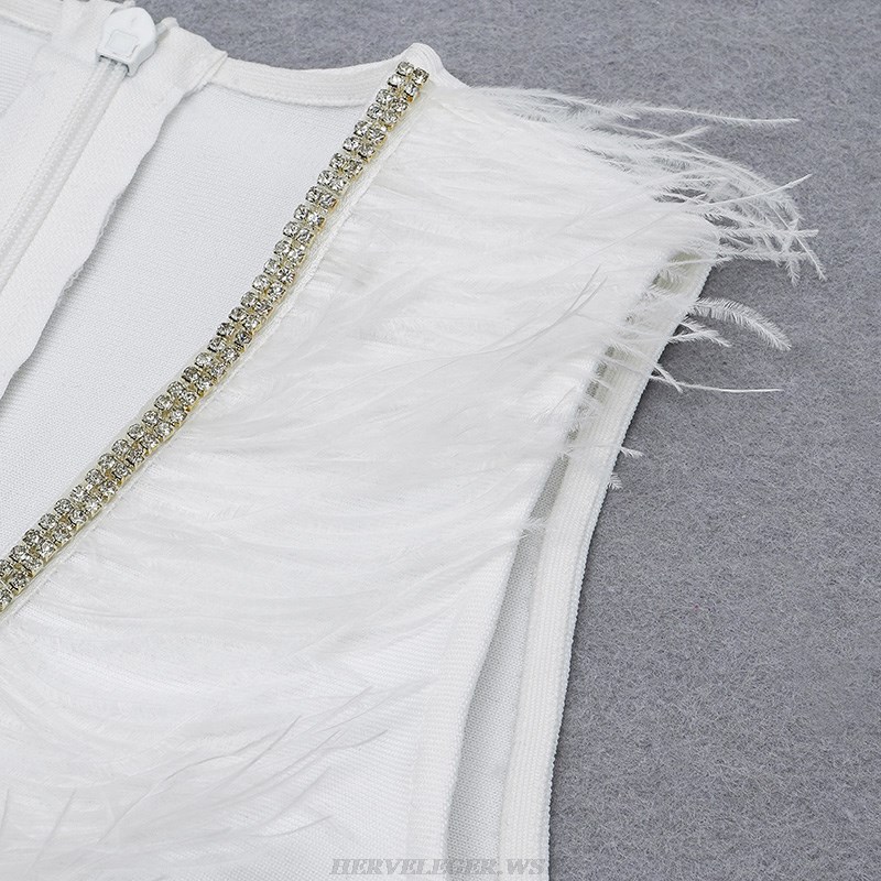 Herve Leger White Feather Embellished Dress