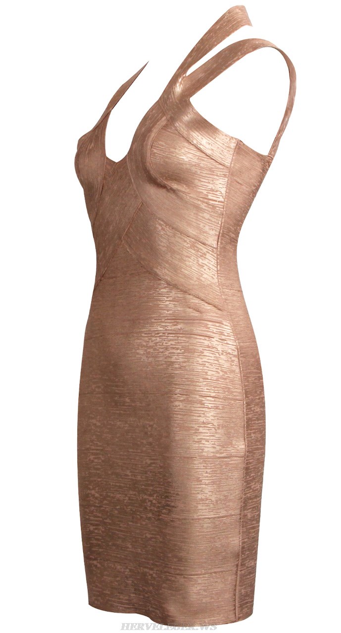 Herve Leger Gold Halter Woodgrain Foil Print Dress