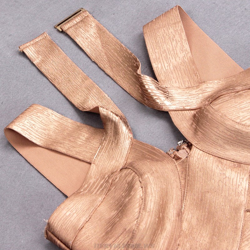 Herve Leger Gold Halter Woodgrain Foil Print Dress