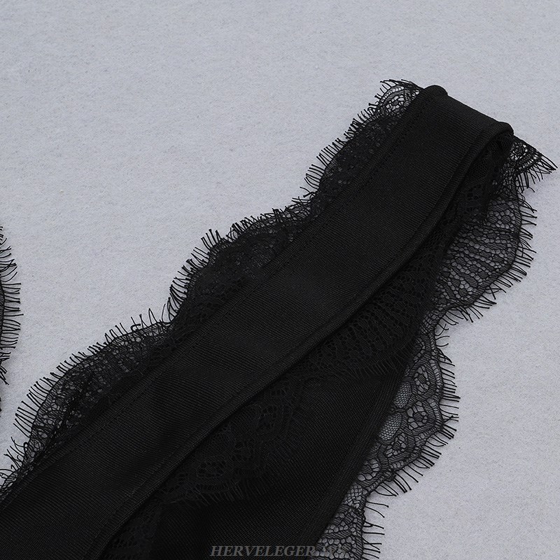 Herve Leger Black Lace Plunge V Neck Dress
