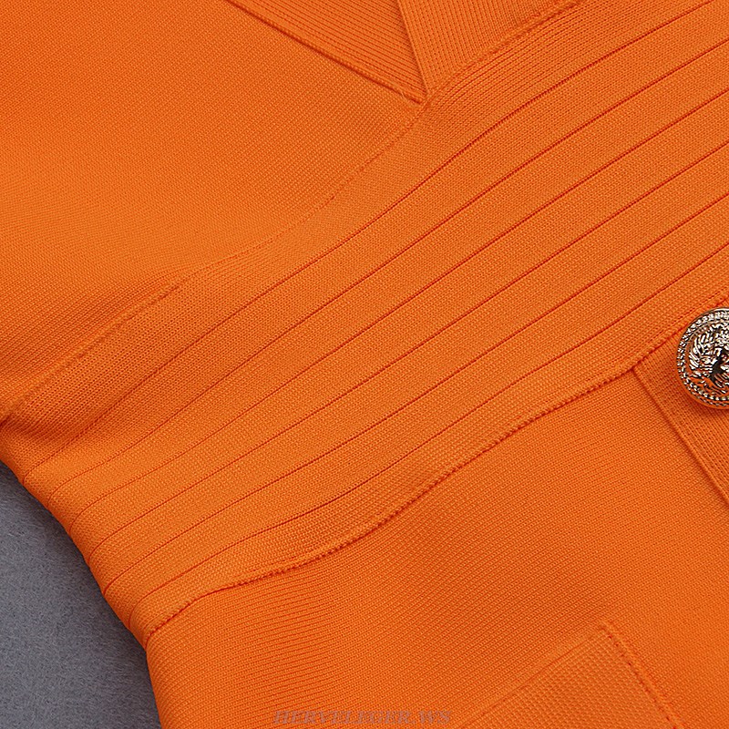 Herve Leger Orange Long Sleeve Button Detail Dress