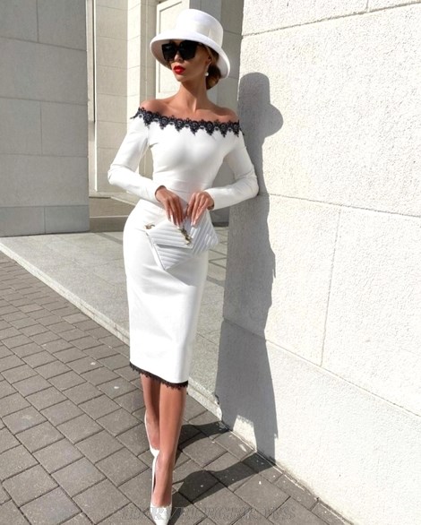Herve Leger Black White Long Sleeve Crochet Dress