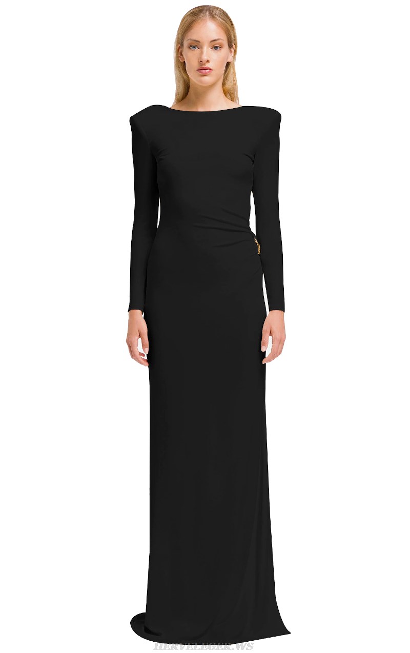Herve Leger Black Long Sleeve Draped Backless Gown