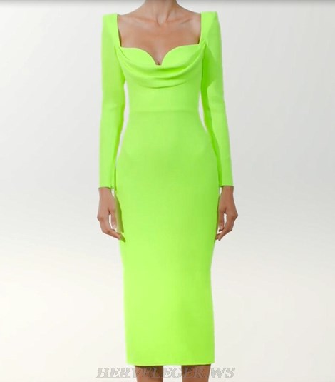 Herve Leger Neon Long Sleeve Draped Sweetheart Dress