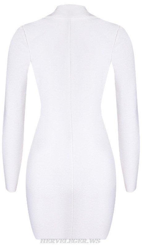 Herve Leger White Long Sleeve Lace Up Dress