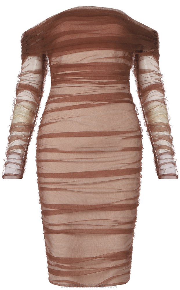 Herve Leger Brown Long Sleeve Off Shoulder Draped Dress
