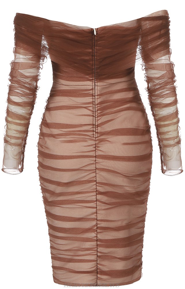 Herve Leger Brown Long Sleeve Off Shoulder Draped Dress