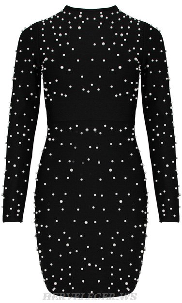 Herve Leger Black Long Sleeve Pearl Detail Dress