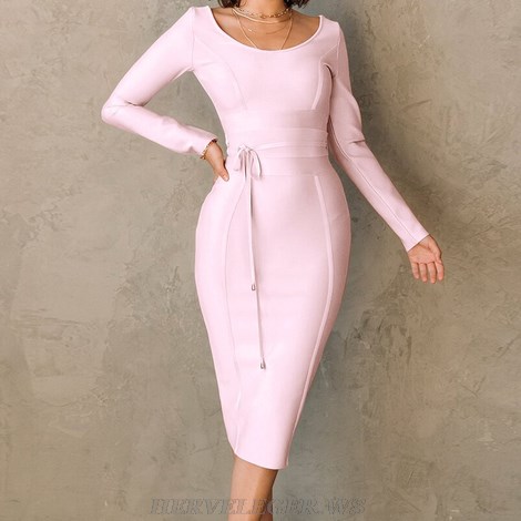 Herve Leger Pink Long Sleeve Tie Detail Dress