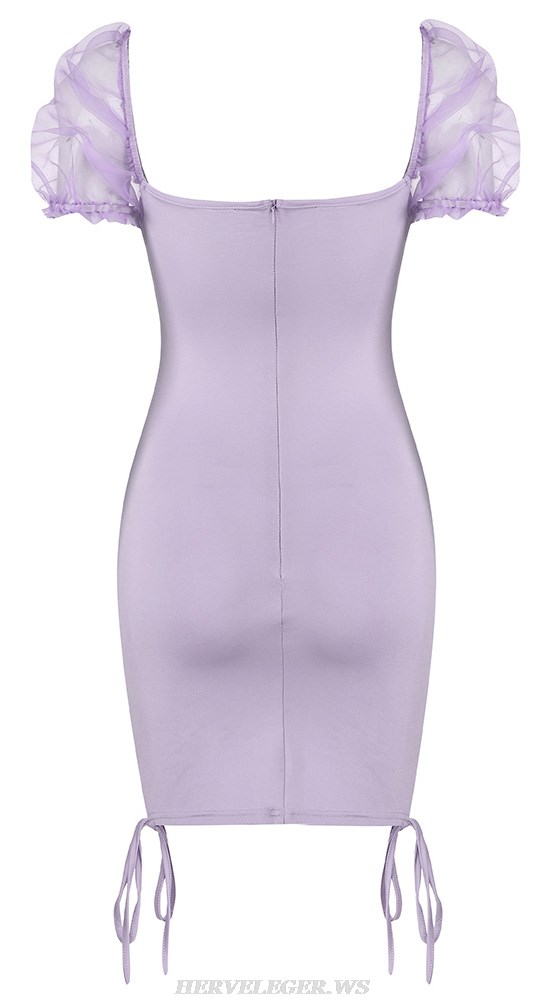 Herve Leger Lavender Mesh Puff Sleeve Ruched Dress