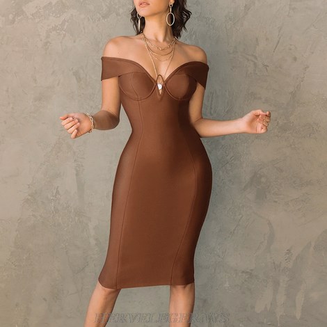 Herve Leger Brown Off Shoulder Bustier Dress Herve Leger Brown Off Shoulder Bustier Dress