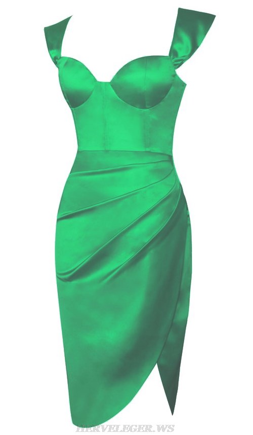 Herve Leger Green Off Shoulder Draped Corset Silk Dress