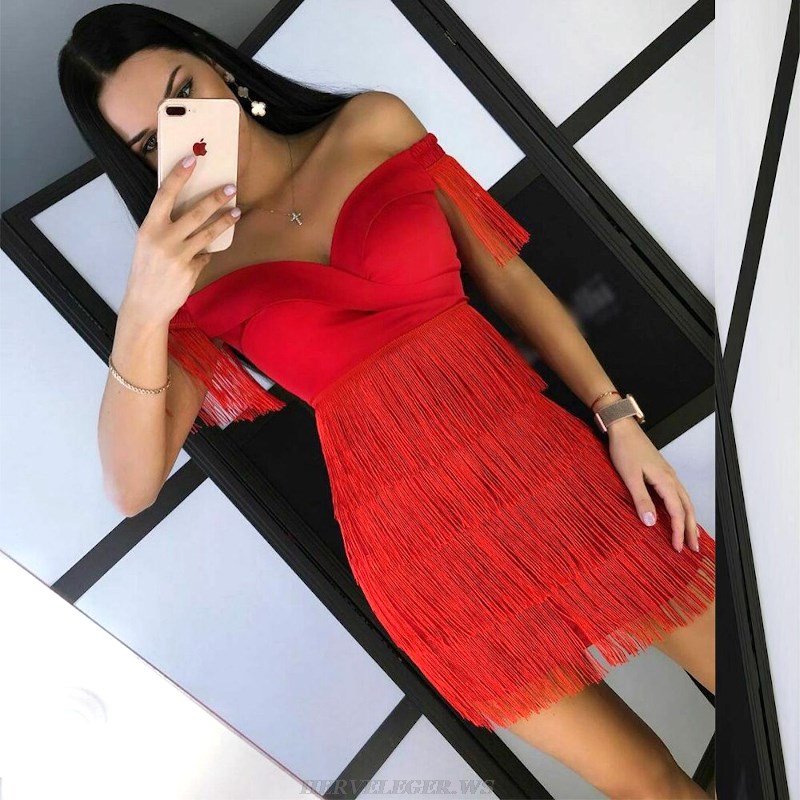 Herve Leger Red Off Shoulder Tassel Dress