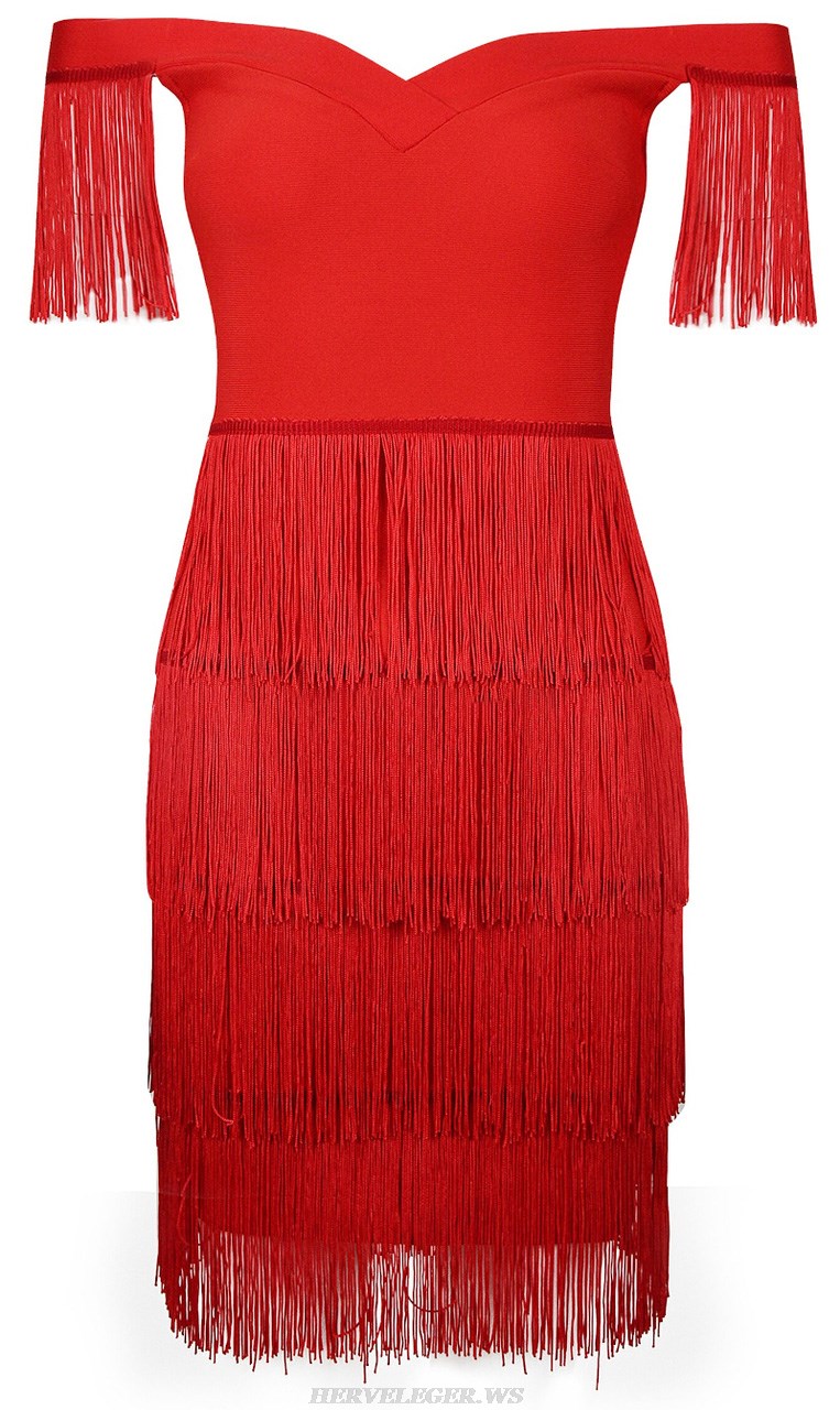 Herve Leger Red Off Shoulder Tassel Dress
