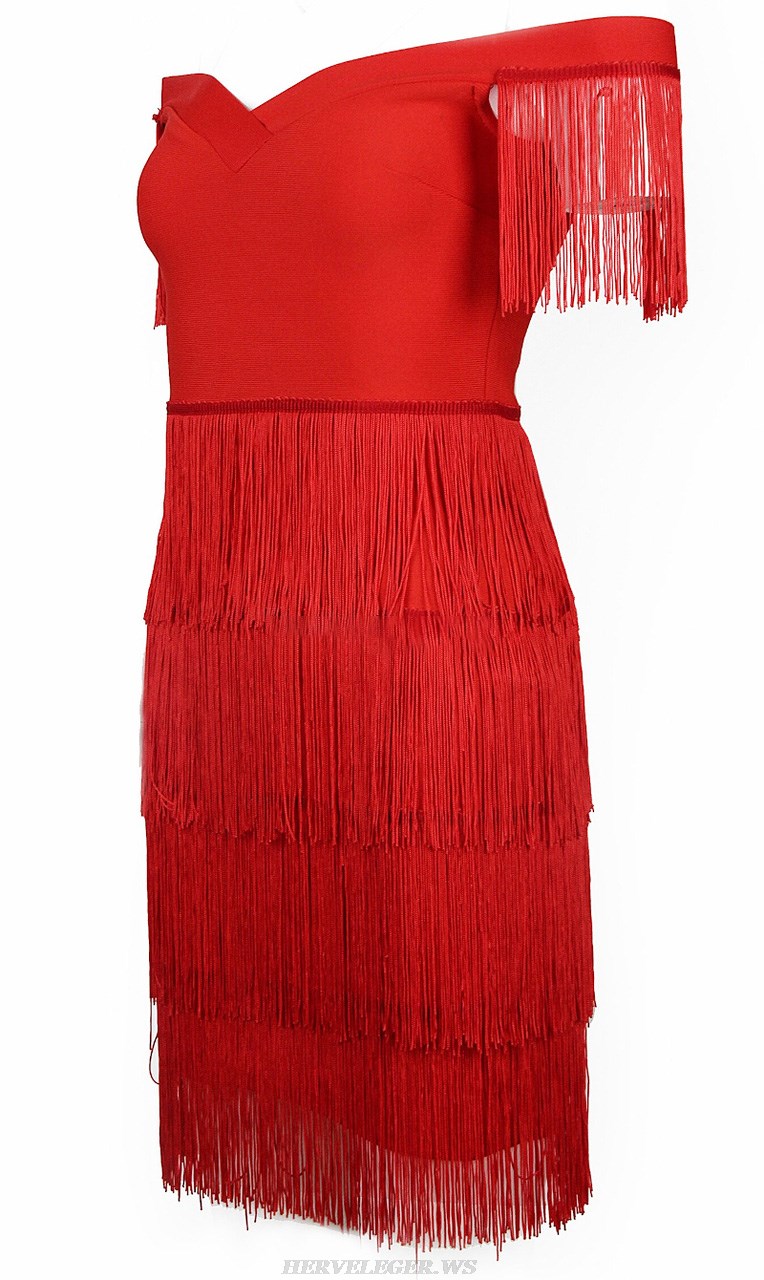 Herve Leger Red Off Shoulder Tassel Dress