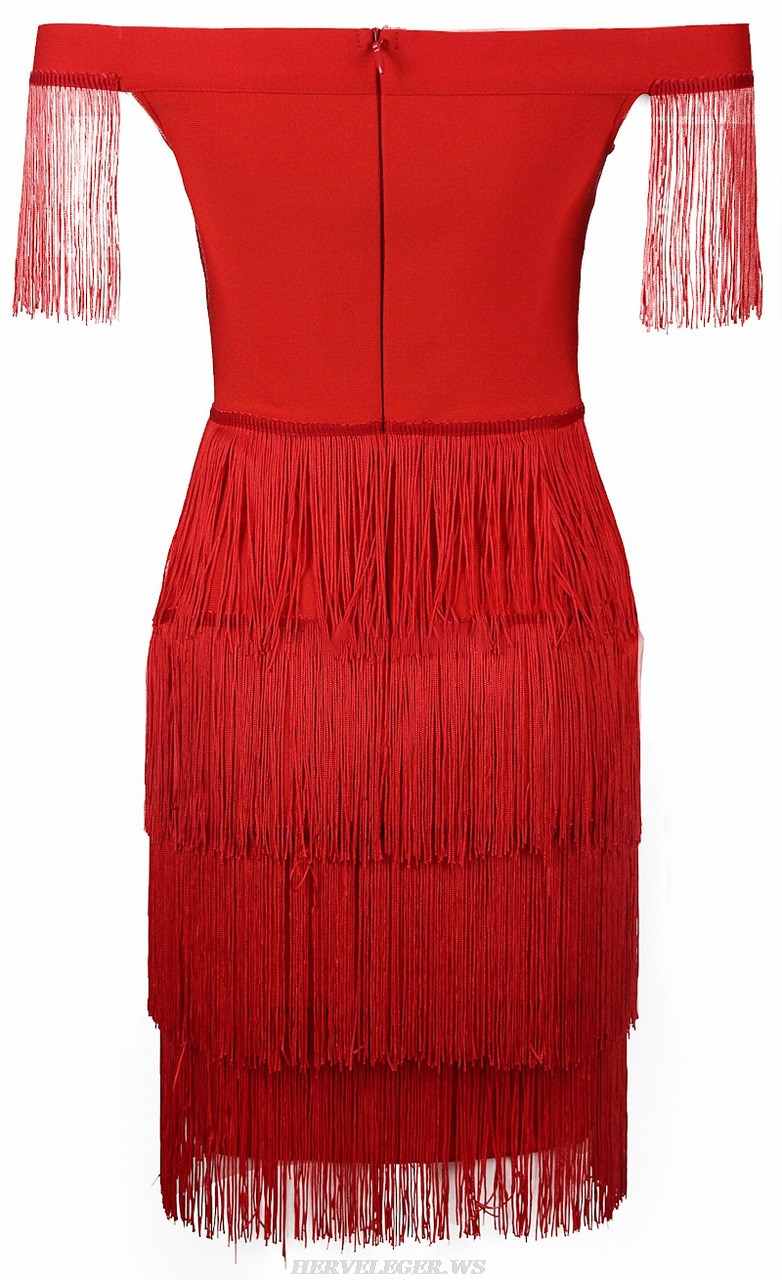 Herve Leger Red Off Shoulder Tassel Dress