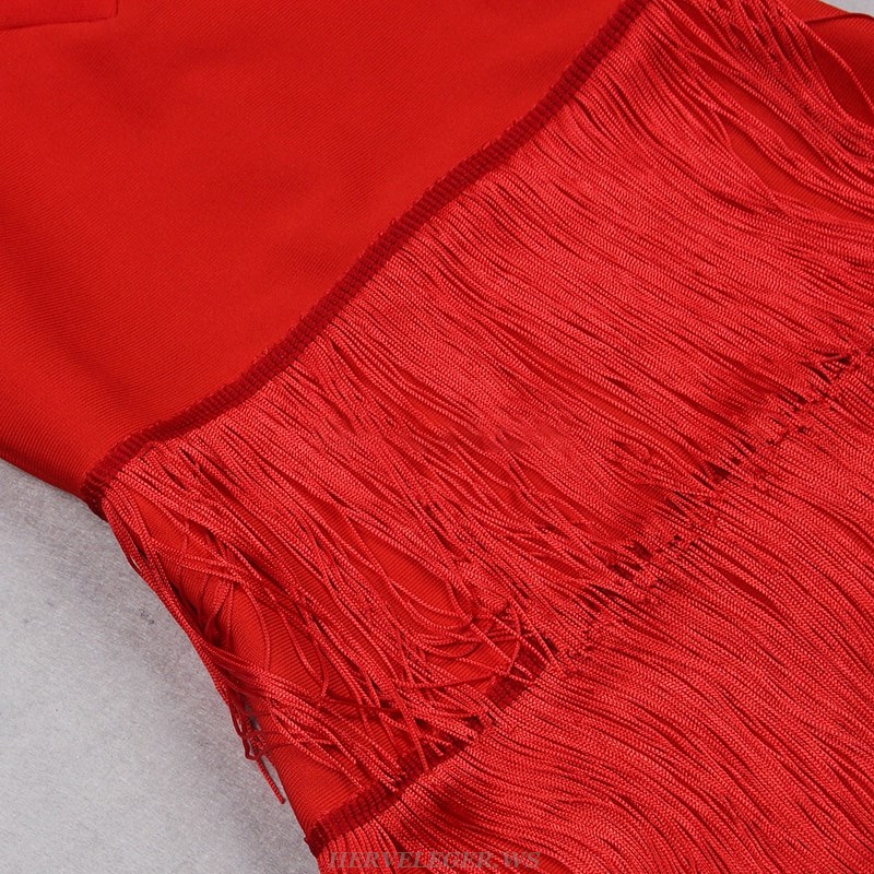 Herve Leger Red Off Shoulder Tassel Dress